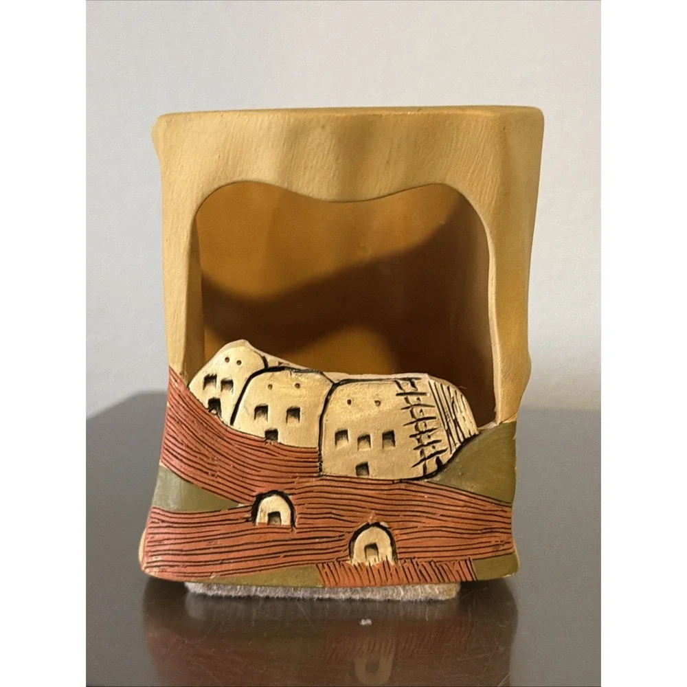 Vtg Southwest Adobe House Paper Bag Ceramic Luminary Candle Holder 4.5